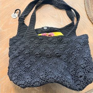The Sak Black Crochet Tote with Yellow Lining Accent